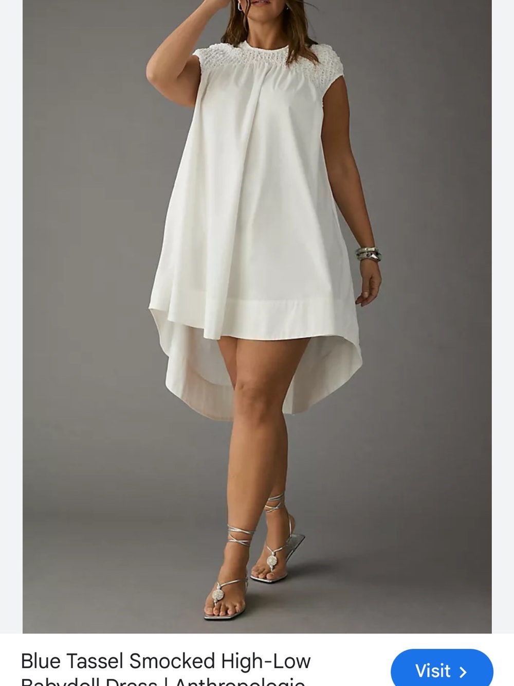 Anthropologie Blue Tassel White Smocked High-Low Babydoll Dress NWT XS